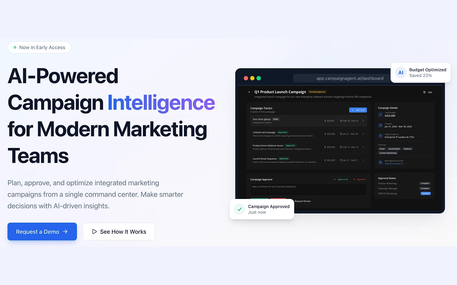 CampaignAgent landing page: AI-Powered Campaign Intelligence for Modern Marketing Teams, with a campaign approval dashboard