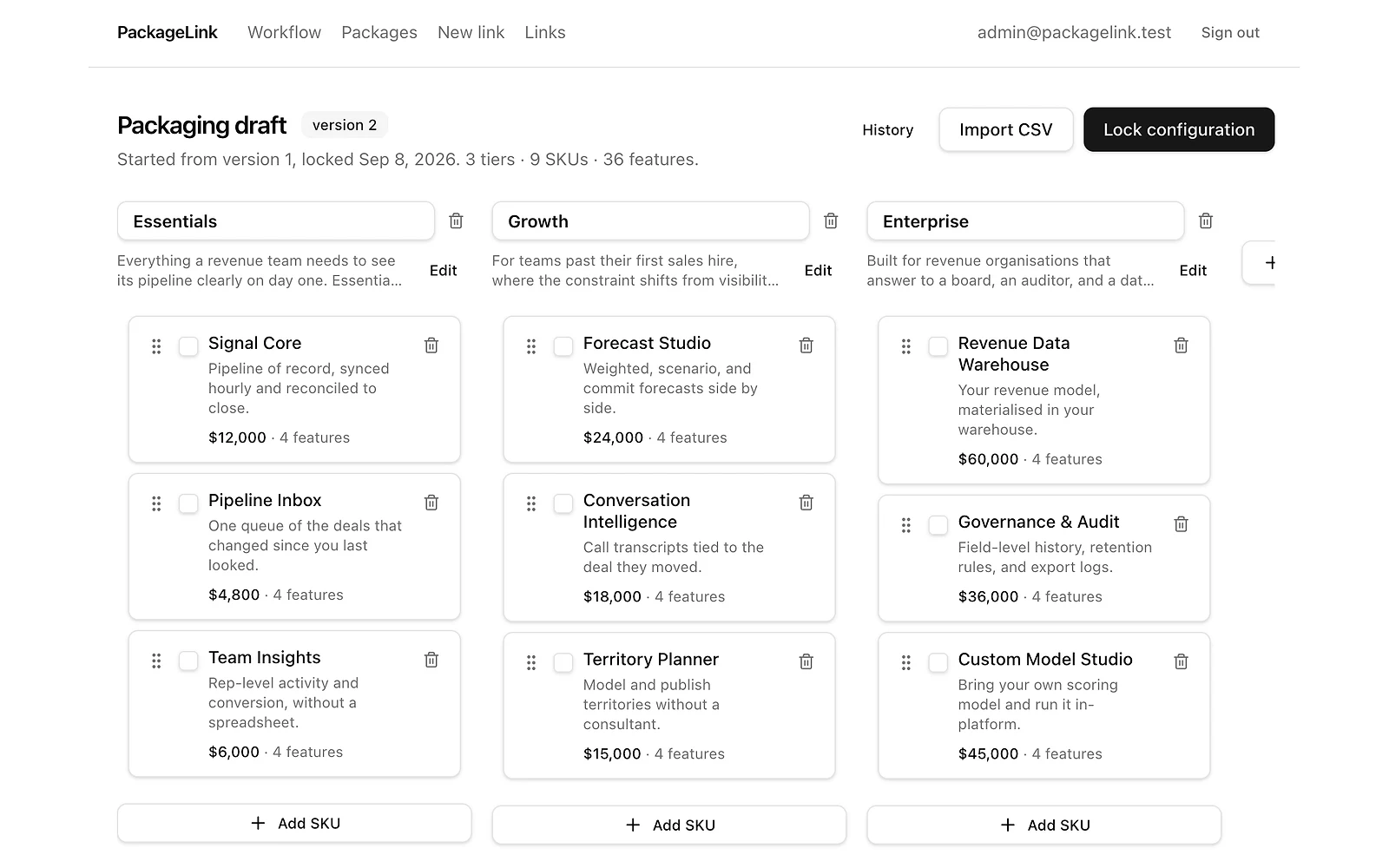 PackageLink packaging draft showing Essentials, Growth, and Enterprise tiers with SKU cards and pricing